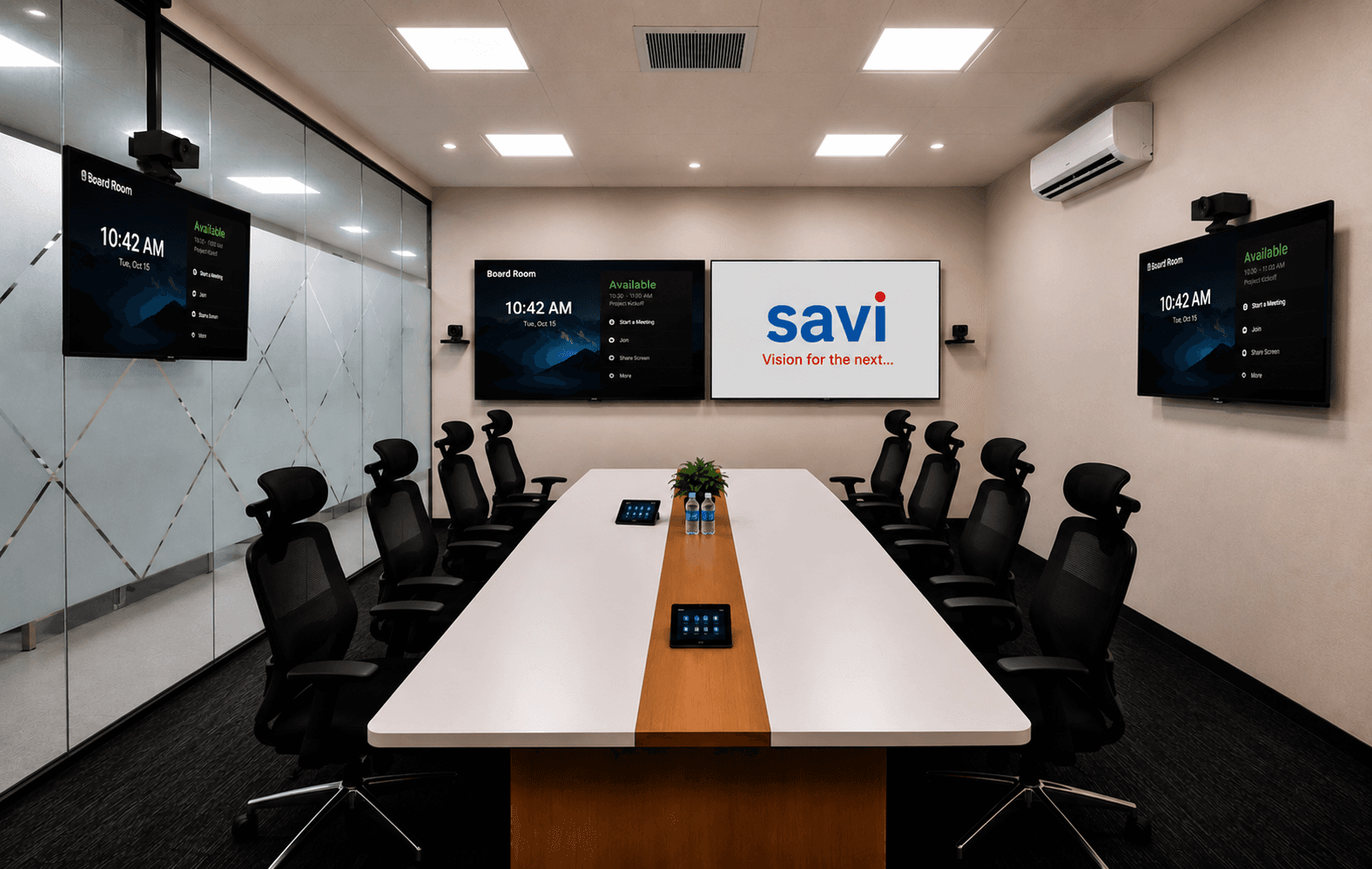 Boardroom AV setup with large display and conferencing system