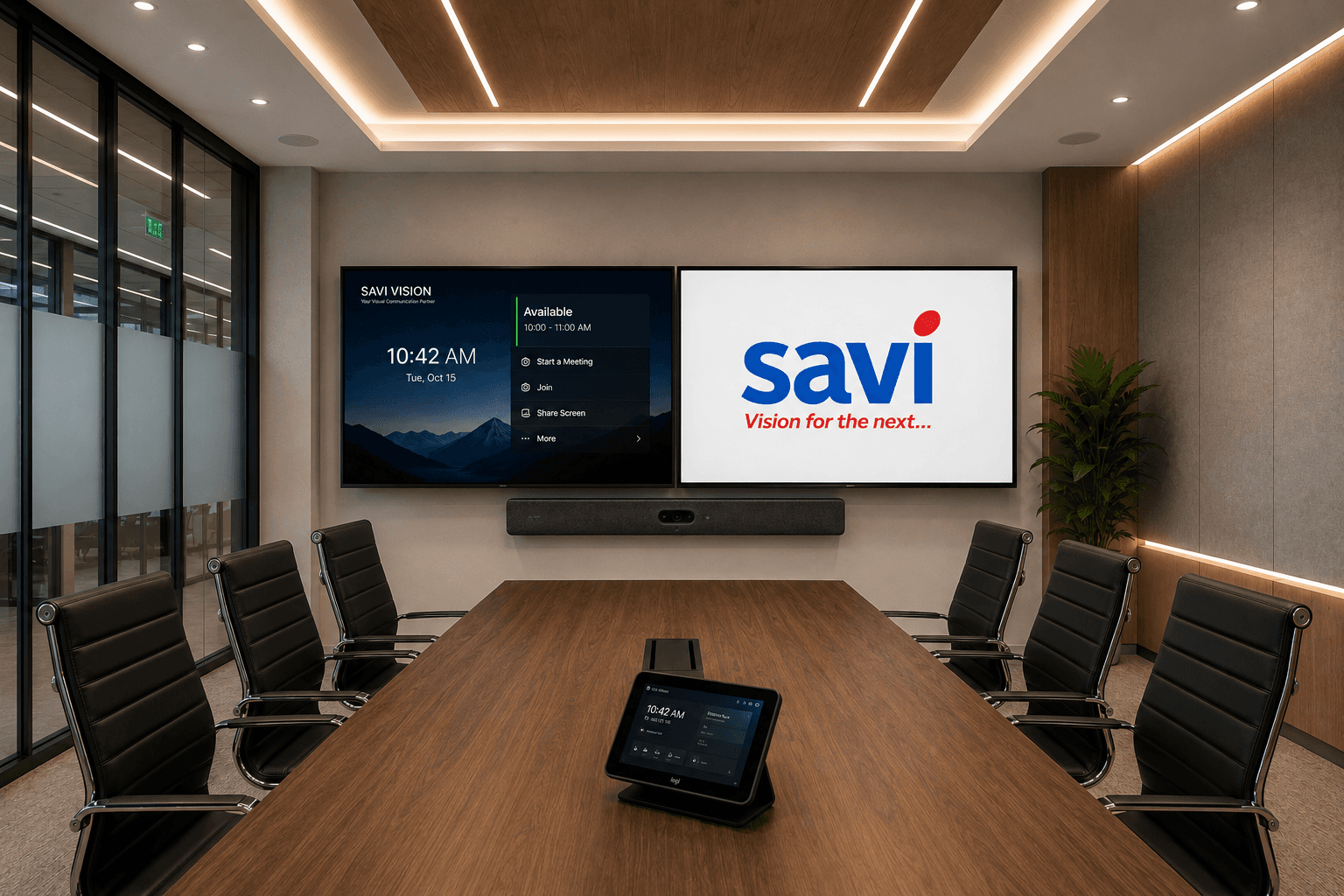 Meeting room AV setup with display and conferencing camera