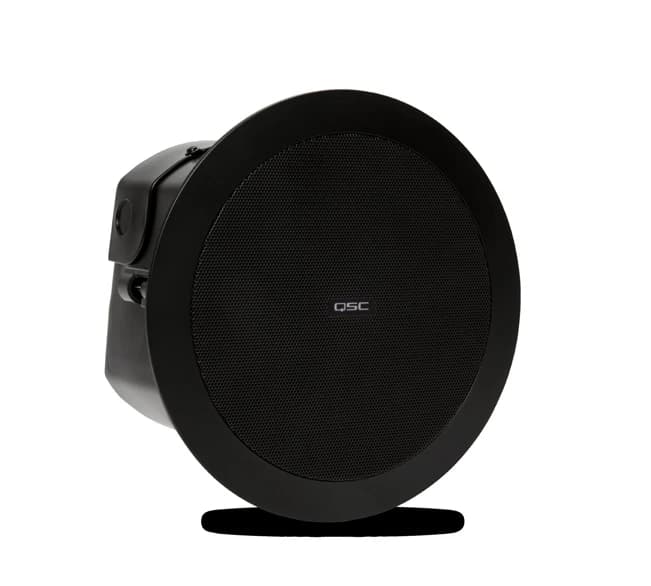 QSC AcousticDesign AD-C4T-BK ceiling loudspeaker, black, angled view