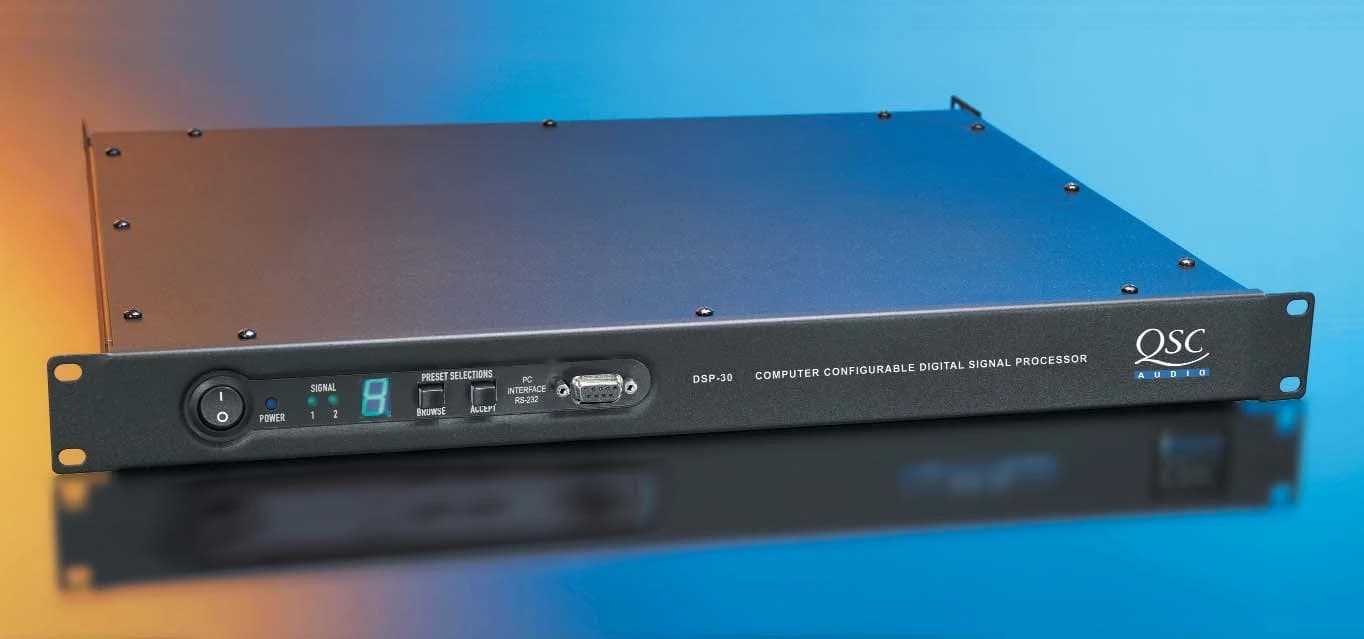 QSC DSP-30 two-channel digital signal processor, front panel