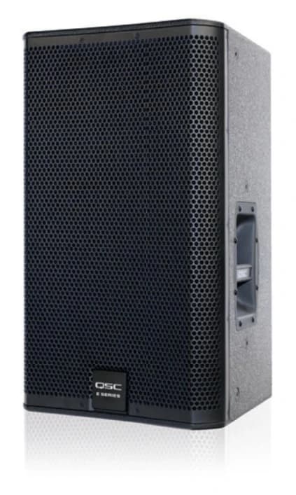 QSC E112 passive loudspeaker, angled view showing pole-mount end panel