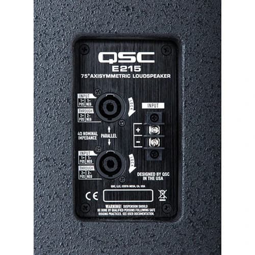 QSC E215 connector panel, labeled E215 75° Axisymmetric Loudspeaker, with NL4 and barrier strip inputs