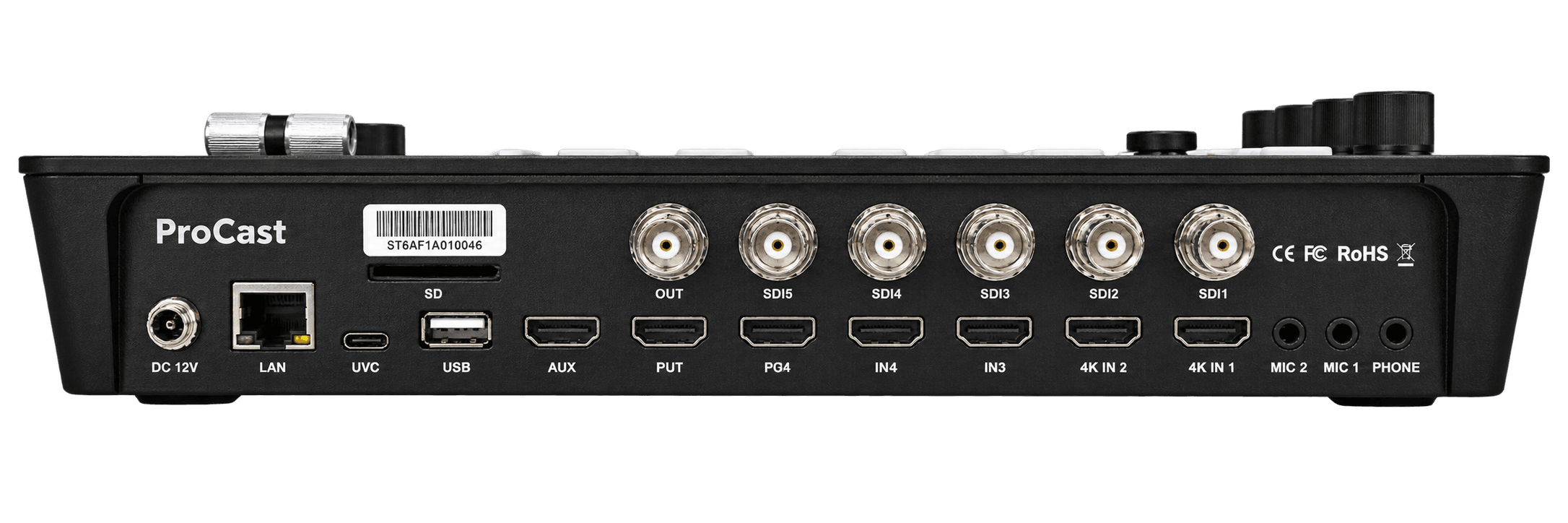 Ageru ProCast rear connection panel with SDI, HDMI, LAN, USB and audio ports