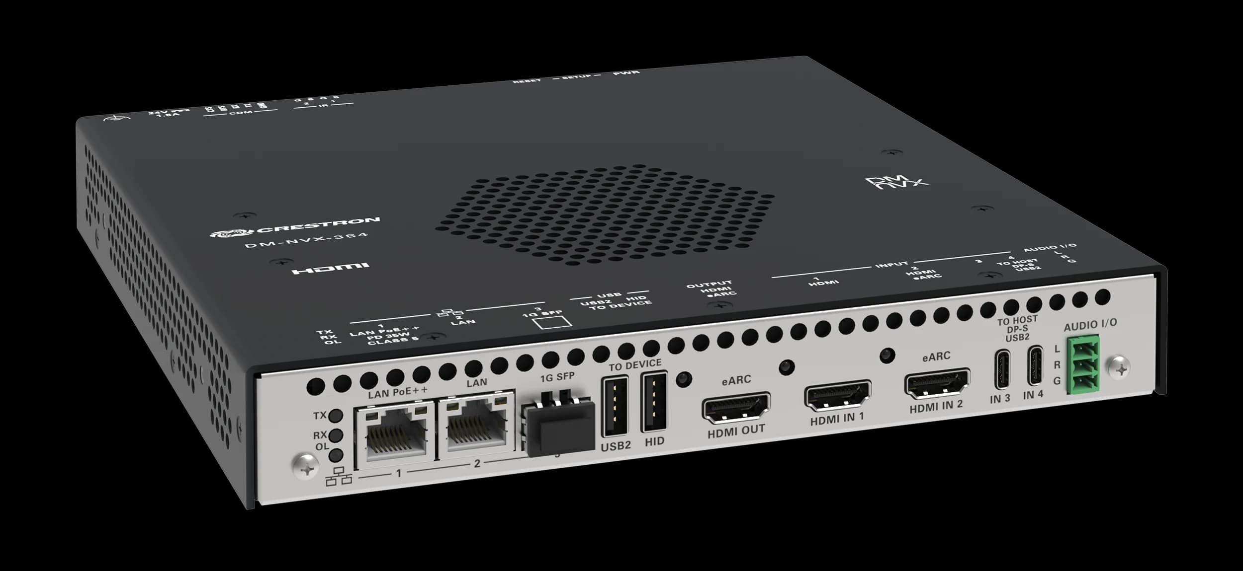 Crestron DM-NVX-384 AV-over-IP encoder/decoder, front-right view