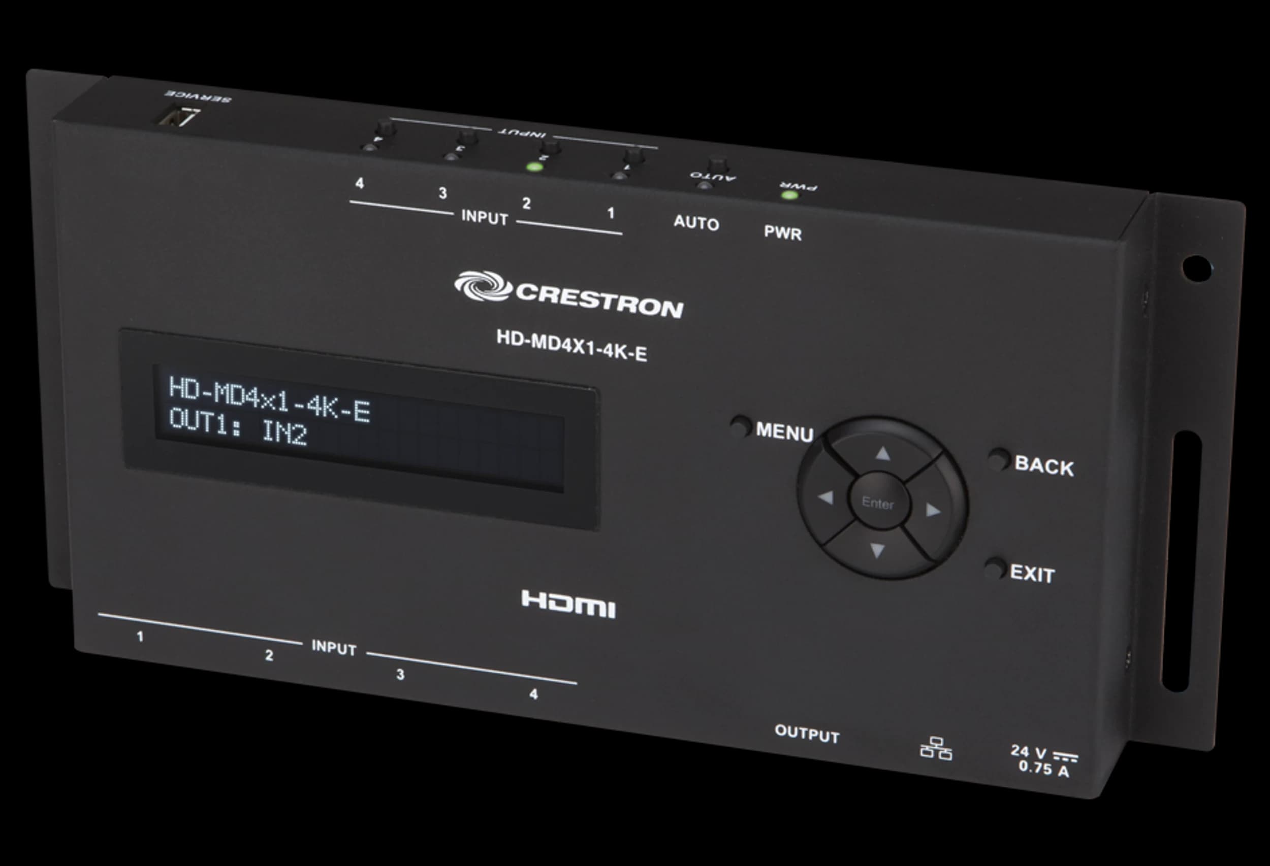 Crestron HD-MD4X1-4K-E 4x1 AV switcher, front-left view