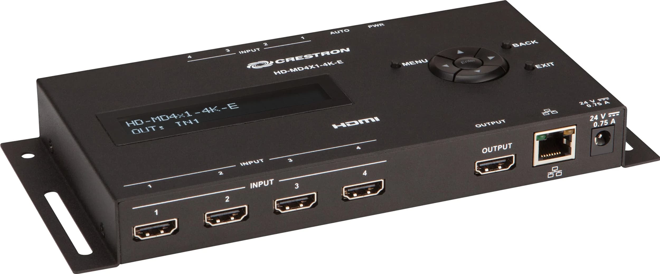 Crestron HD-MD4X1-4K-E 4x1 AV switcher, bottom-angled view
