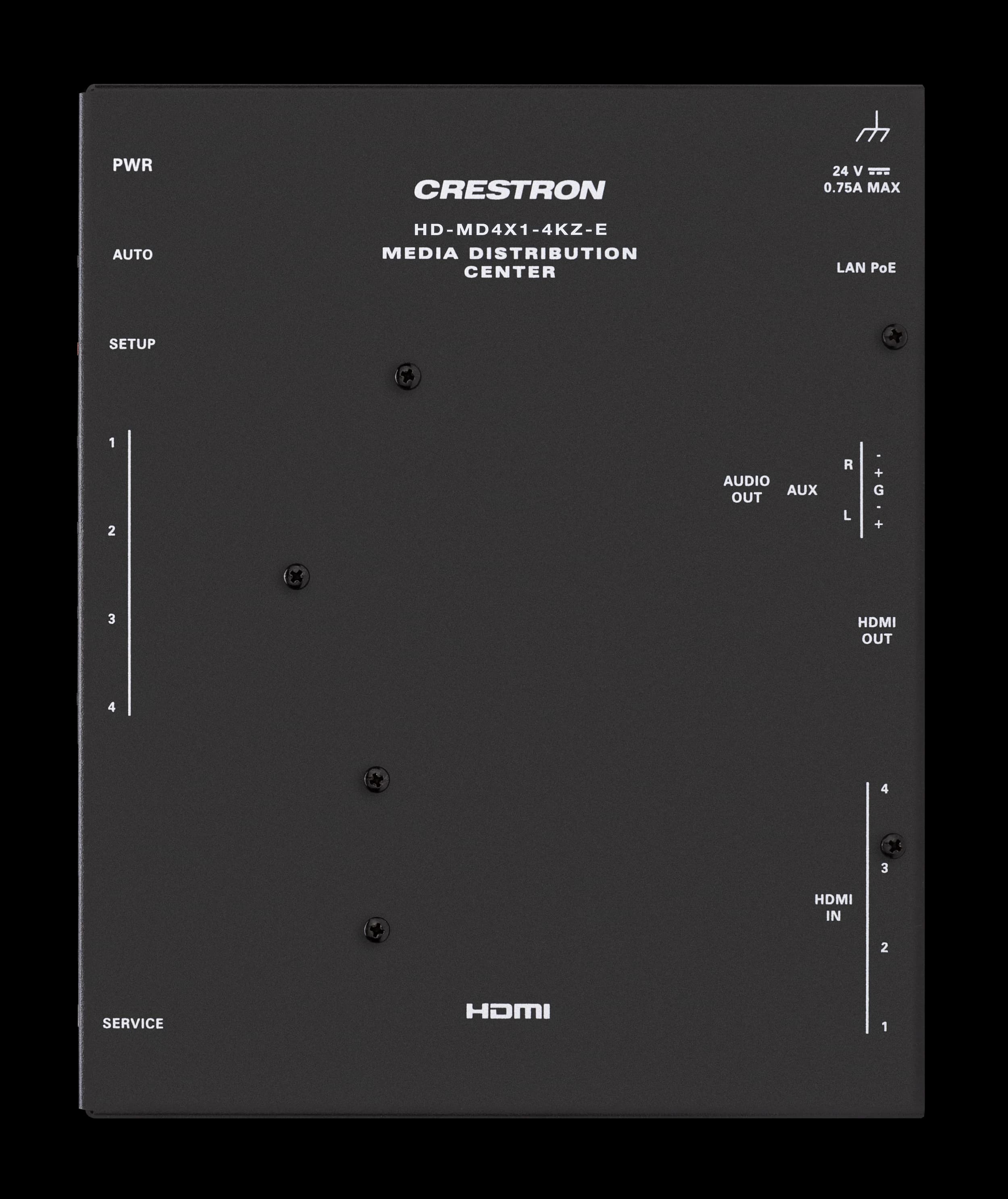 Crestron HD-MD4X1-4KZ-E 4x1 HDMI switcher, front-left angle