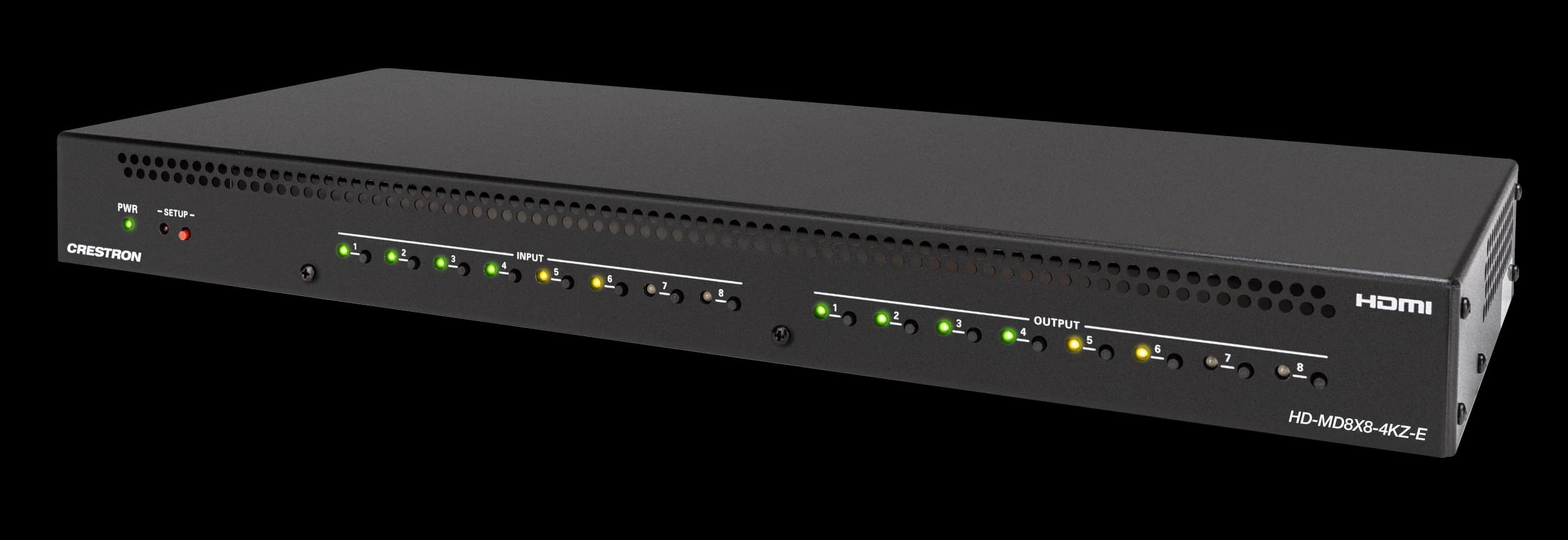 Crestron HD-MD8X8-4KZ-E 8x8 HDMI switcher, front-left angle
