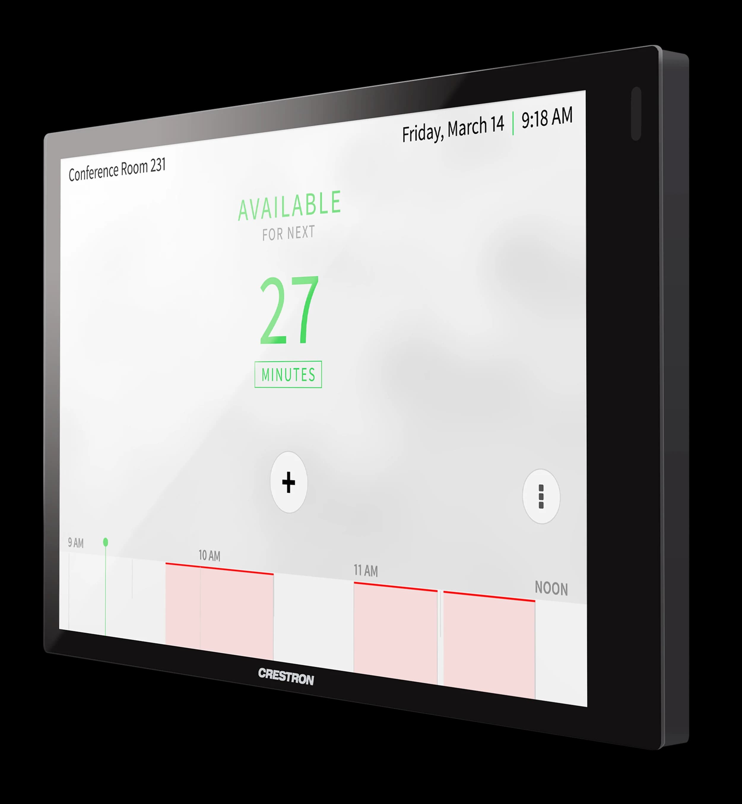 Crestron TSS-770 room scheduling touch screen, front-left view