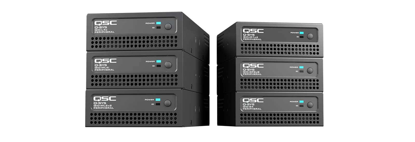 QSC Q-SYS QIO Series rack-mount peripherals, family photo