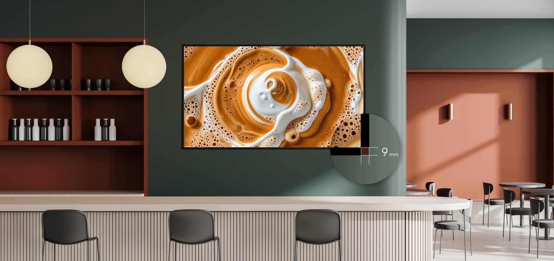 Ageru Digital Signage Display 50-inch installed in a cafe, landscape orientation