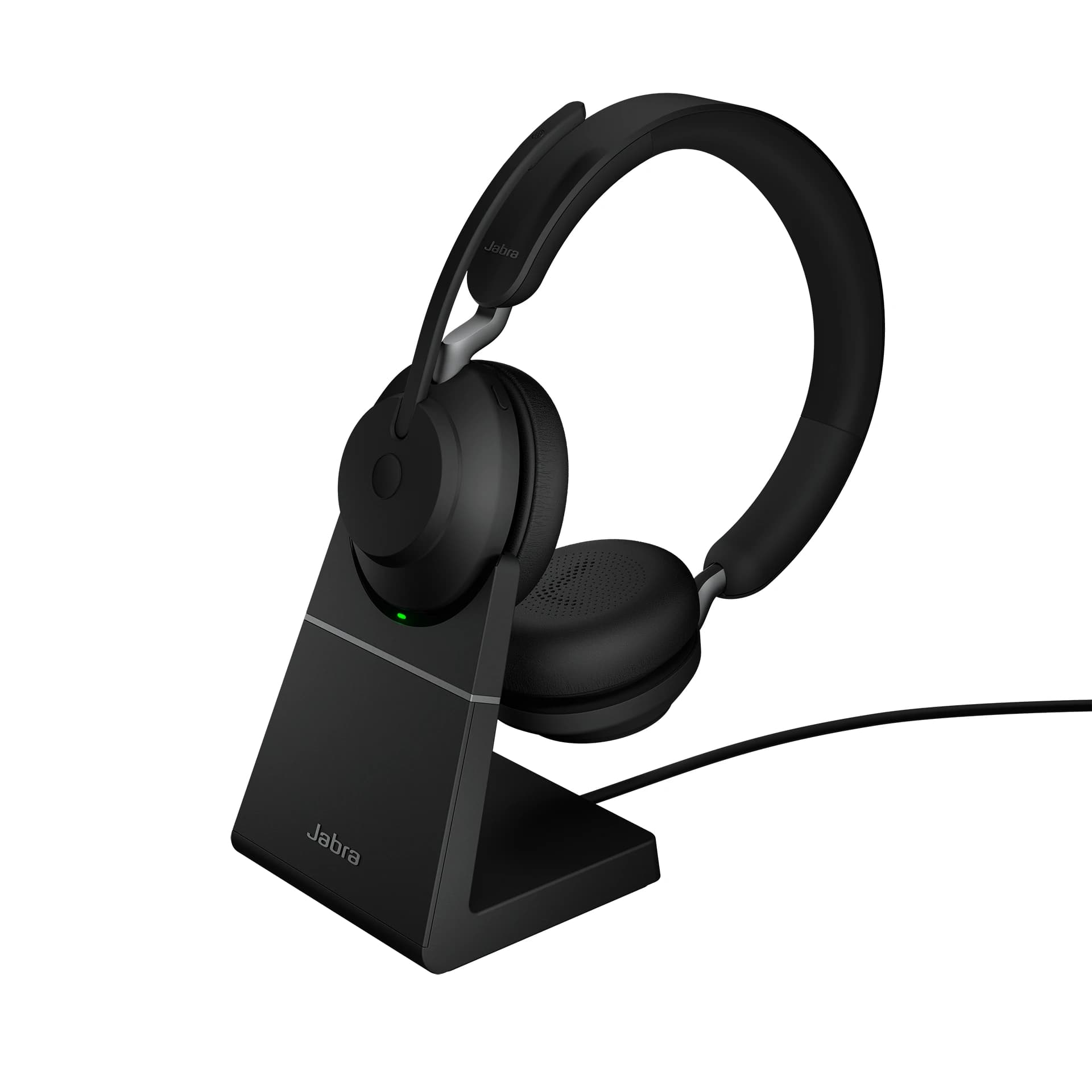 Jabra Evolve2 65 Bluetooth wireless headset docked on its charging stand, studio view