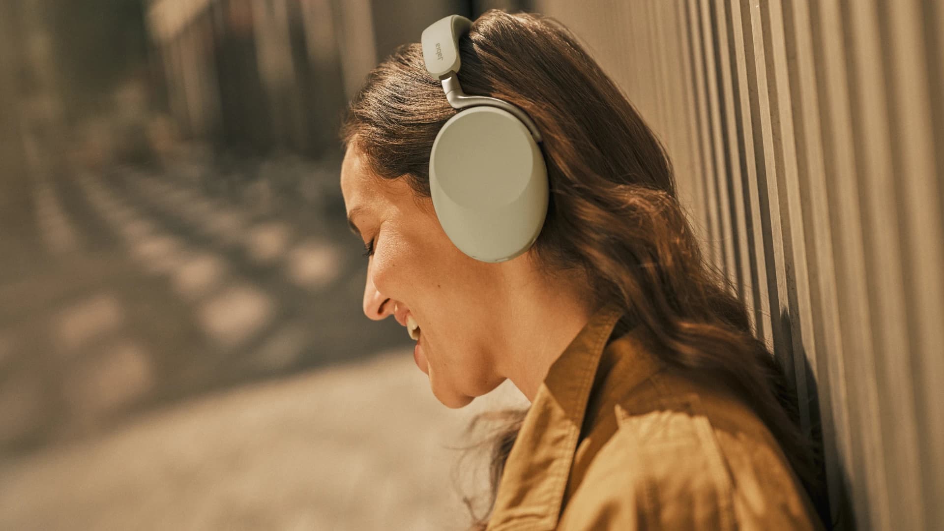 Jabra Evolve3 85 headset worn outdoors while on a call
