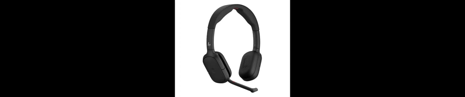 HP Poly Focus 620/625 Bluetooth wireless headset, angled studio view showing the HP logo and hideaway microphone boom
