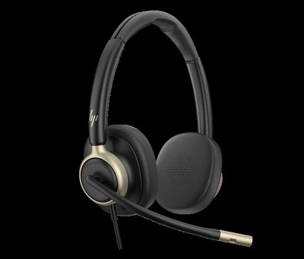 HP Poly Mission 820/825 stereo USB headset with gold accents, studio view