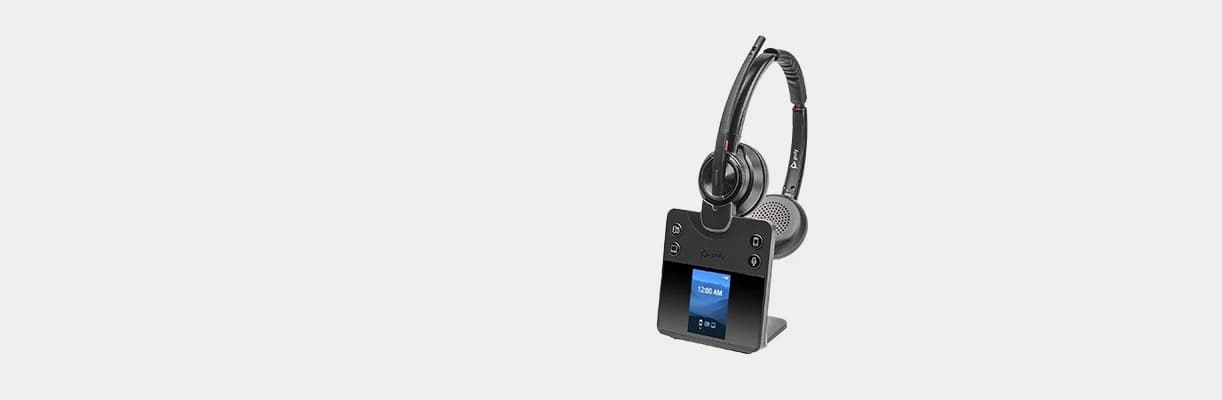 Poly Savi 8410 Office Monaural DECT headset on its color-display office base, front studio view