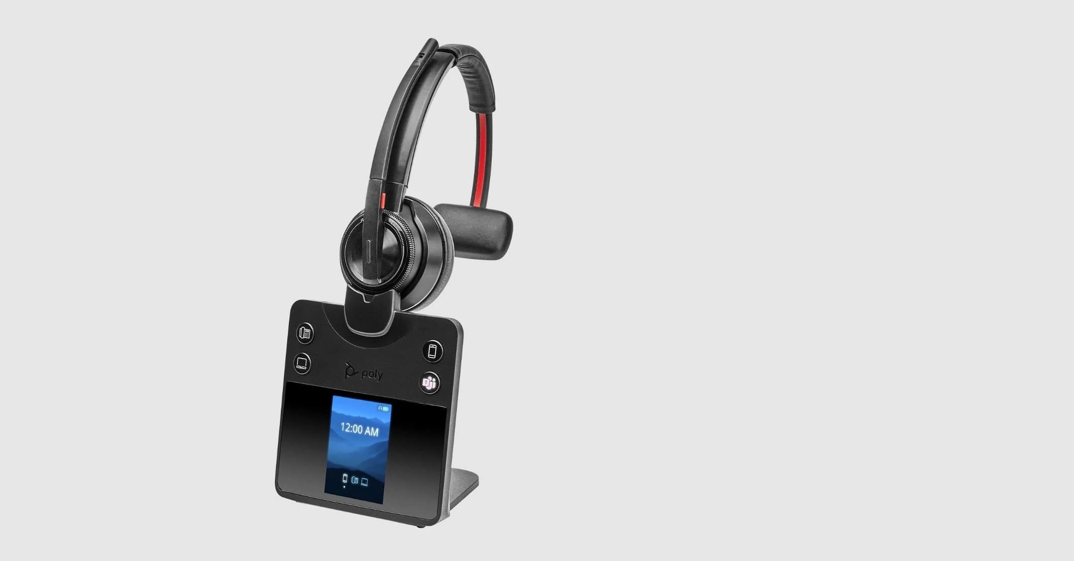 Poly Savi 8420 Office Stereo ANC DECT headset on its color-display office base, angled studio view