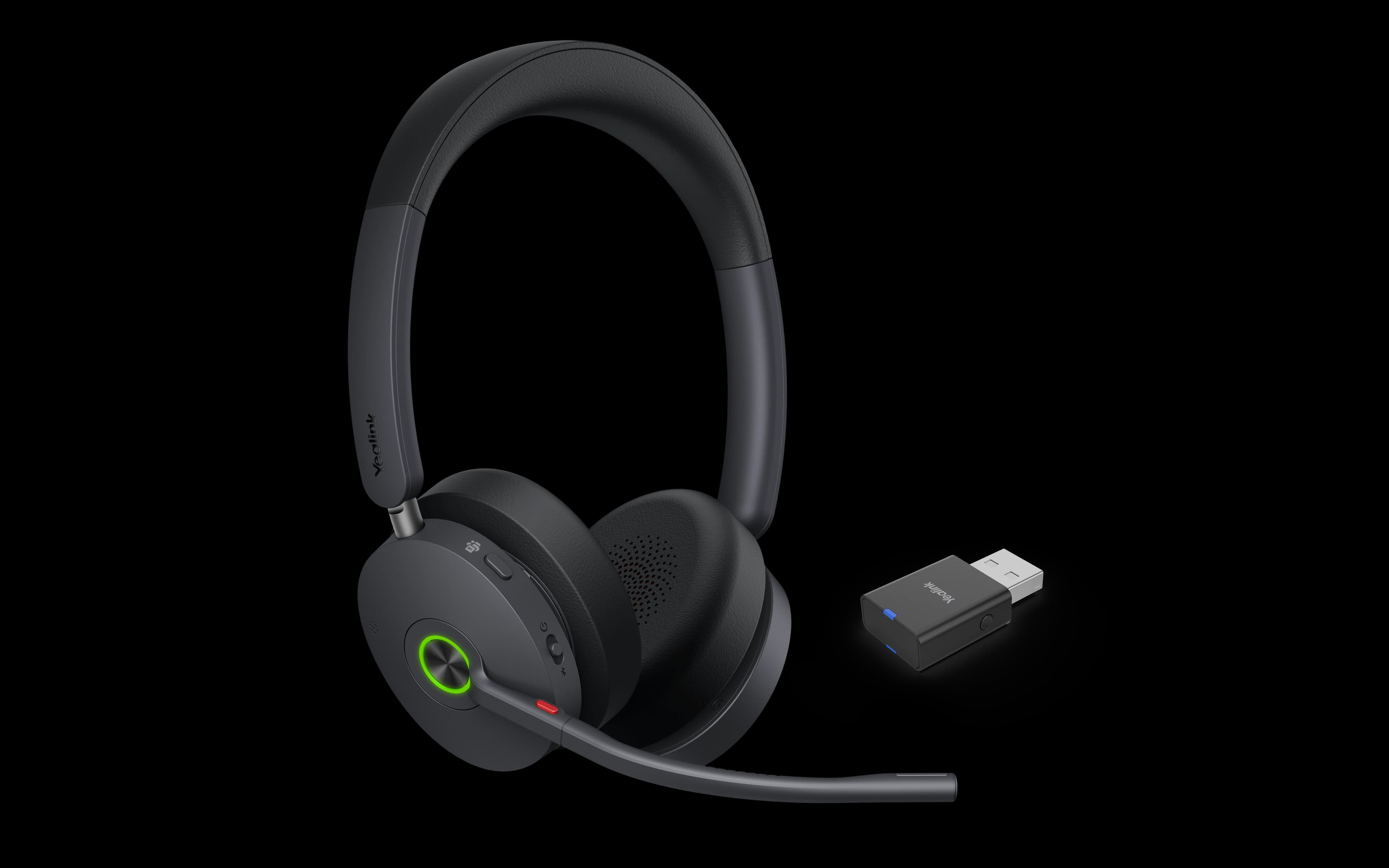 Yealink WH68 Hybrid headset with BT51C USB dongle, green light-ring studio view