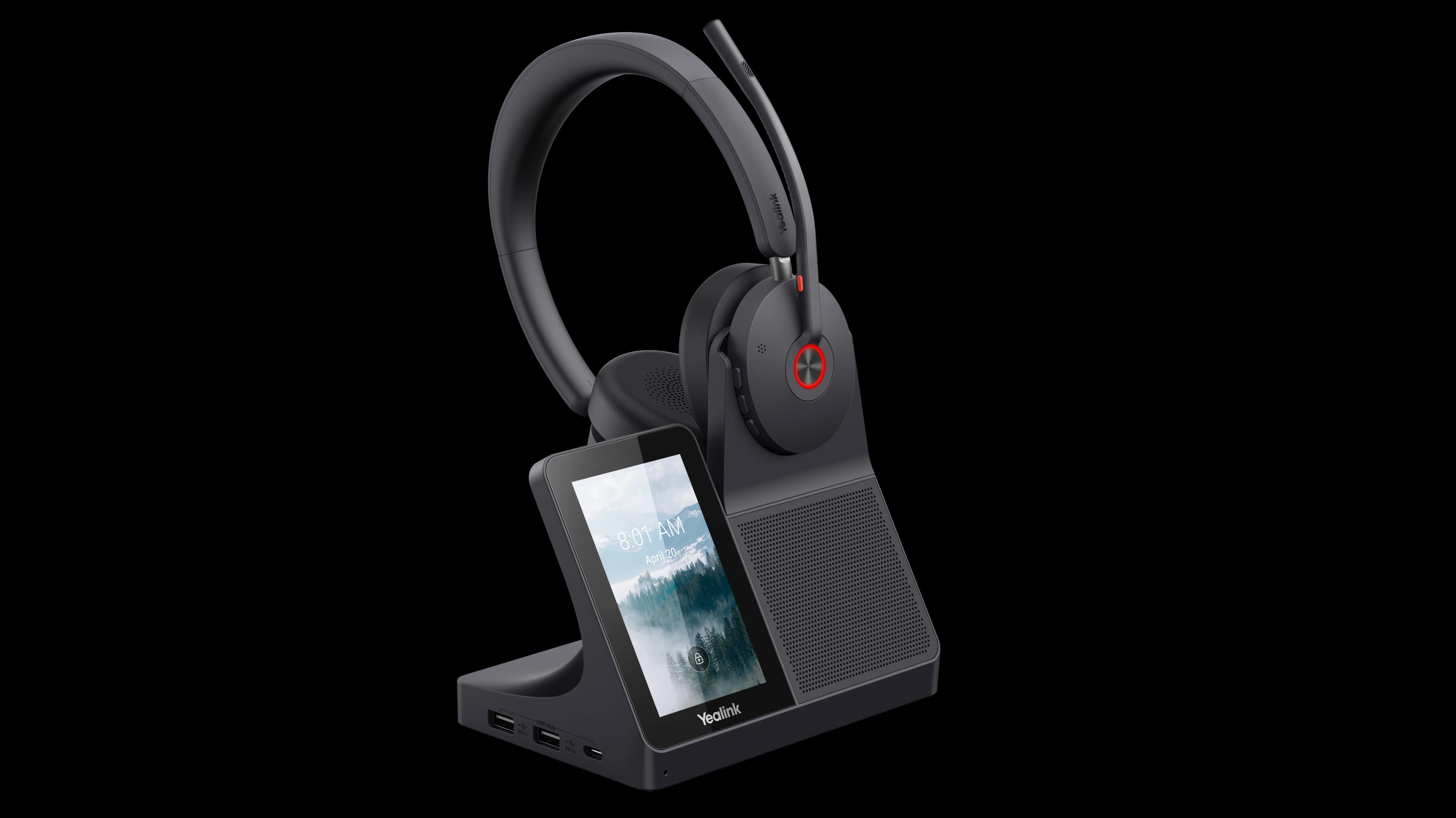 Yealink WH68 Workstation ANC headset and base station, front studio view
