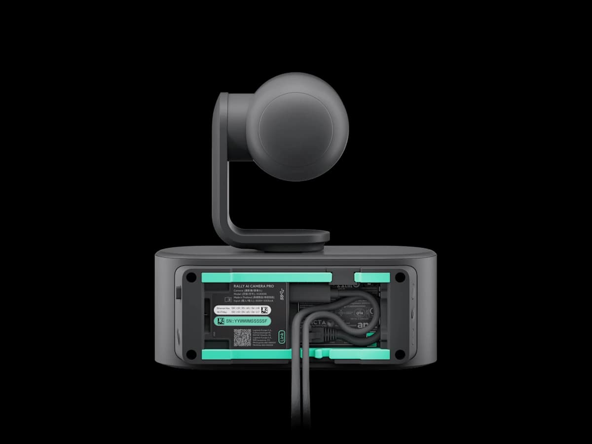 Logitech Rally AI Camera Pro, rear view showing ports and label