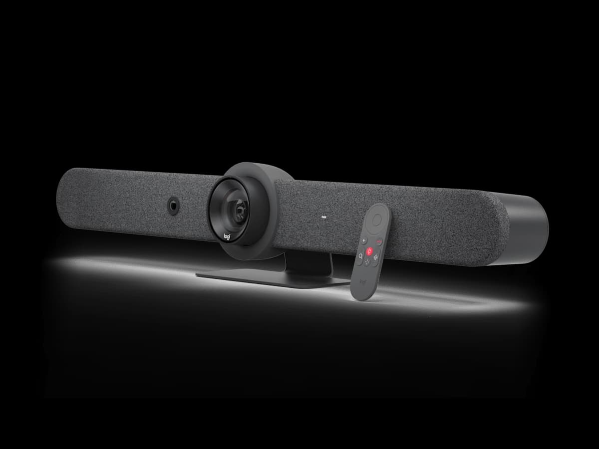 Logitech Rally Bar with remote control, angled view