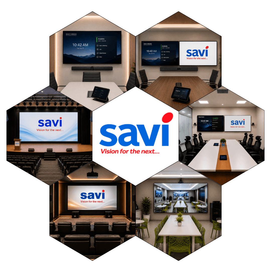 Savi Vision AV solutions collage — huddle room, meeting room, board room, town hall, auditorium and home theater installations
