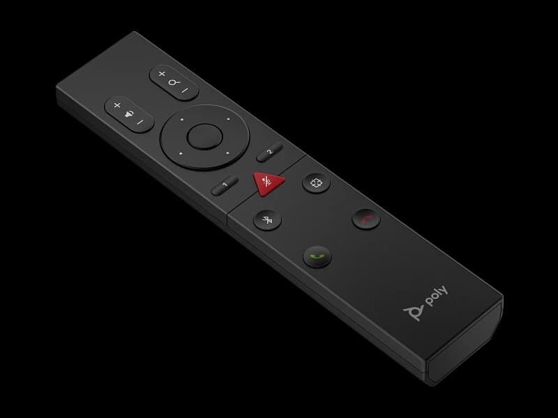 Poly Studio Bluetooth remote control, angled view