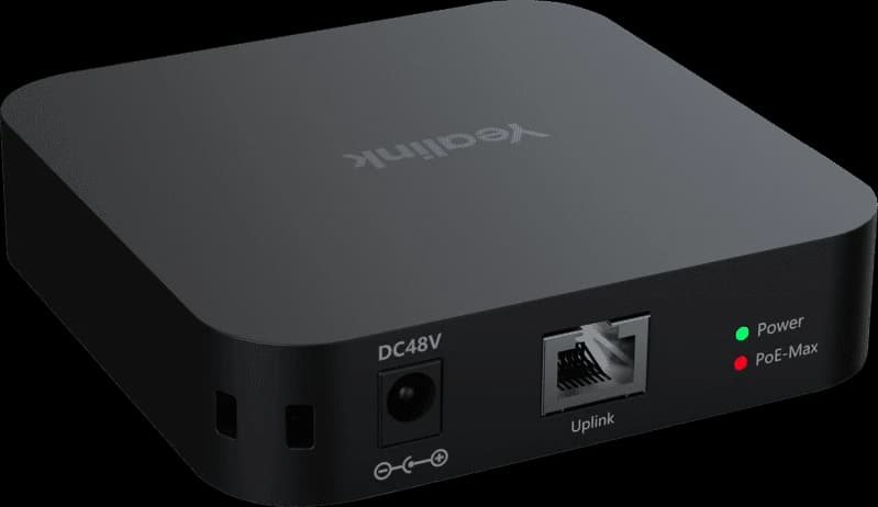 Yealink RCH40 room cable hub, angled view showing DC48V, Uplink port and status LEDs