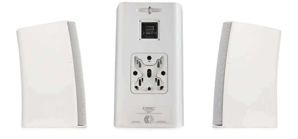QSC AcousticDesign AD-S6T, rear view showing mounting bracket and terminal