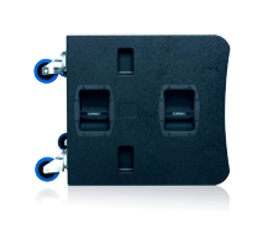 QSC E218sw rear panel with optional caster kit installed