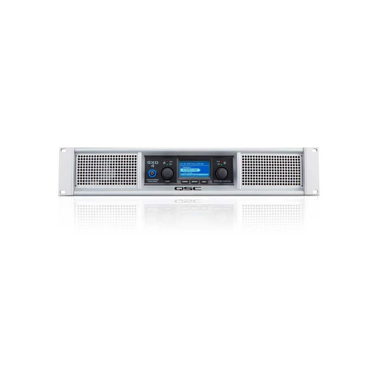 QSC GXD4 power amplifier, front panel with LCD and rotary encoders