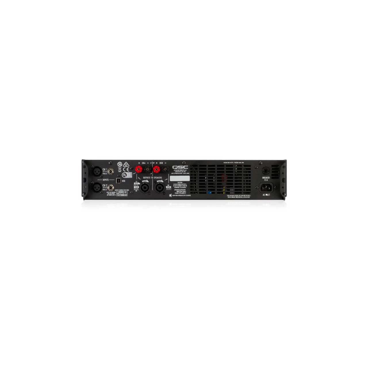 QSC GXD4 rear panel showing XLR inputs, USB, binding-post and Speakon outputs