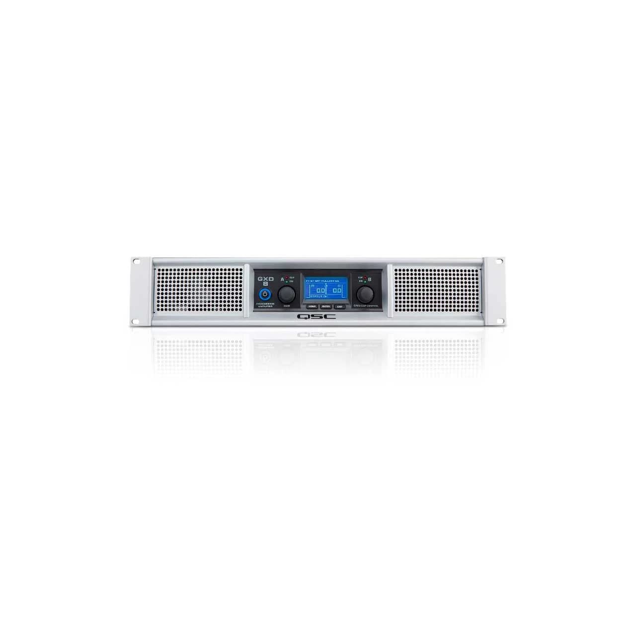QSC GXD8 power amplifier, front panel with LCD and rotary encoders
