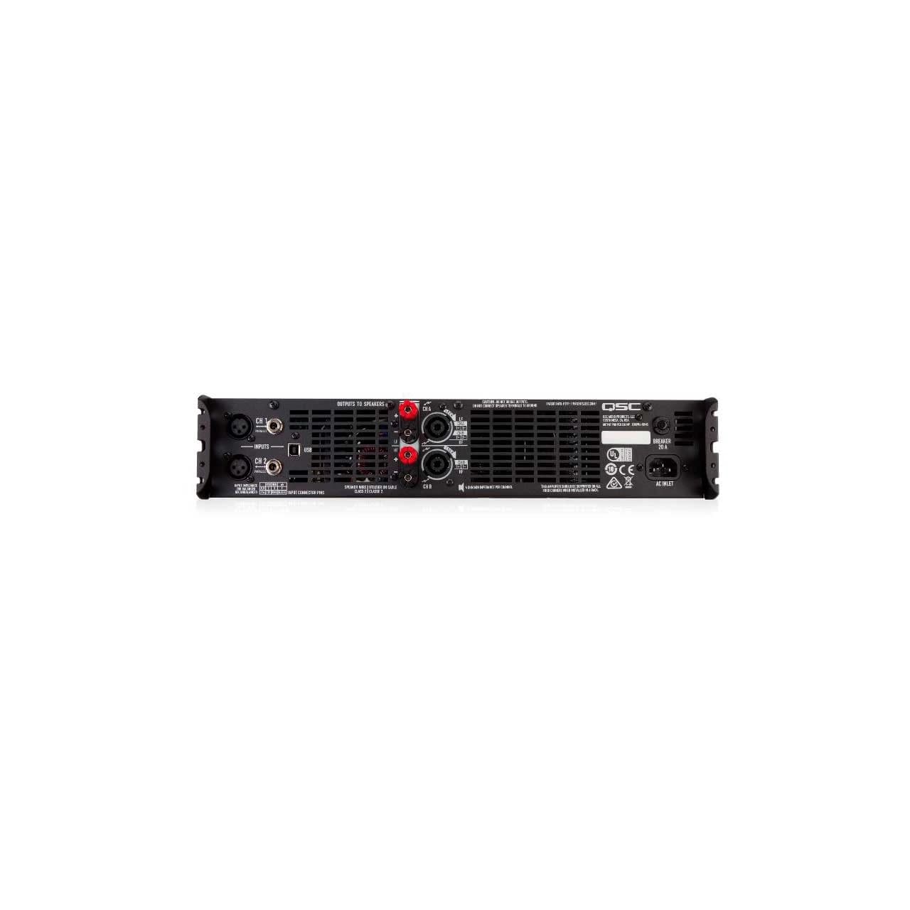 QSC GXD8 rear panel showing XLR inputs, USB, binding-post and Speakon outputs