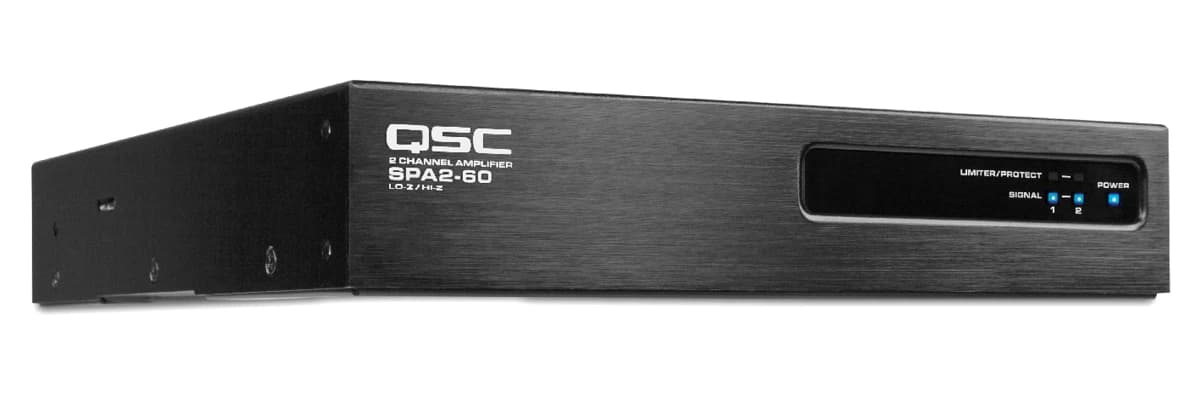 QSC SPA2-60 amplifier, front-right angle