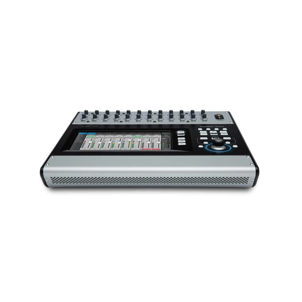 QSC TouchMix-30 Pro digital mixer, front angled view showing touchscreen and rotary encoders