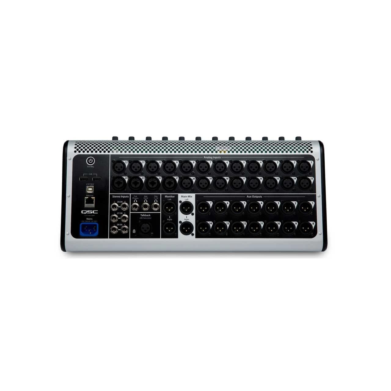 QSC TouchMix-30 Pro rear panel showing 24 XLR analog inputs, stereo inputs and aux outputs