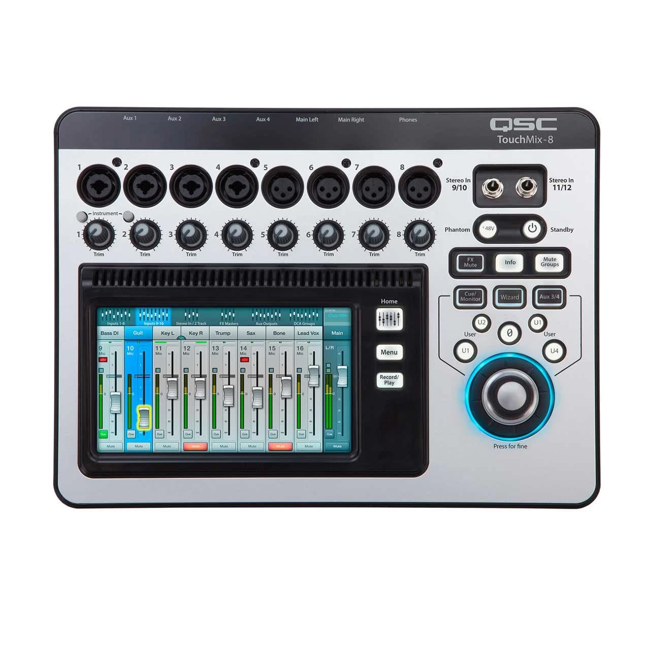 QSC TouchMix-8 digital mixer, top view showing touchscreen and input channels