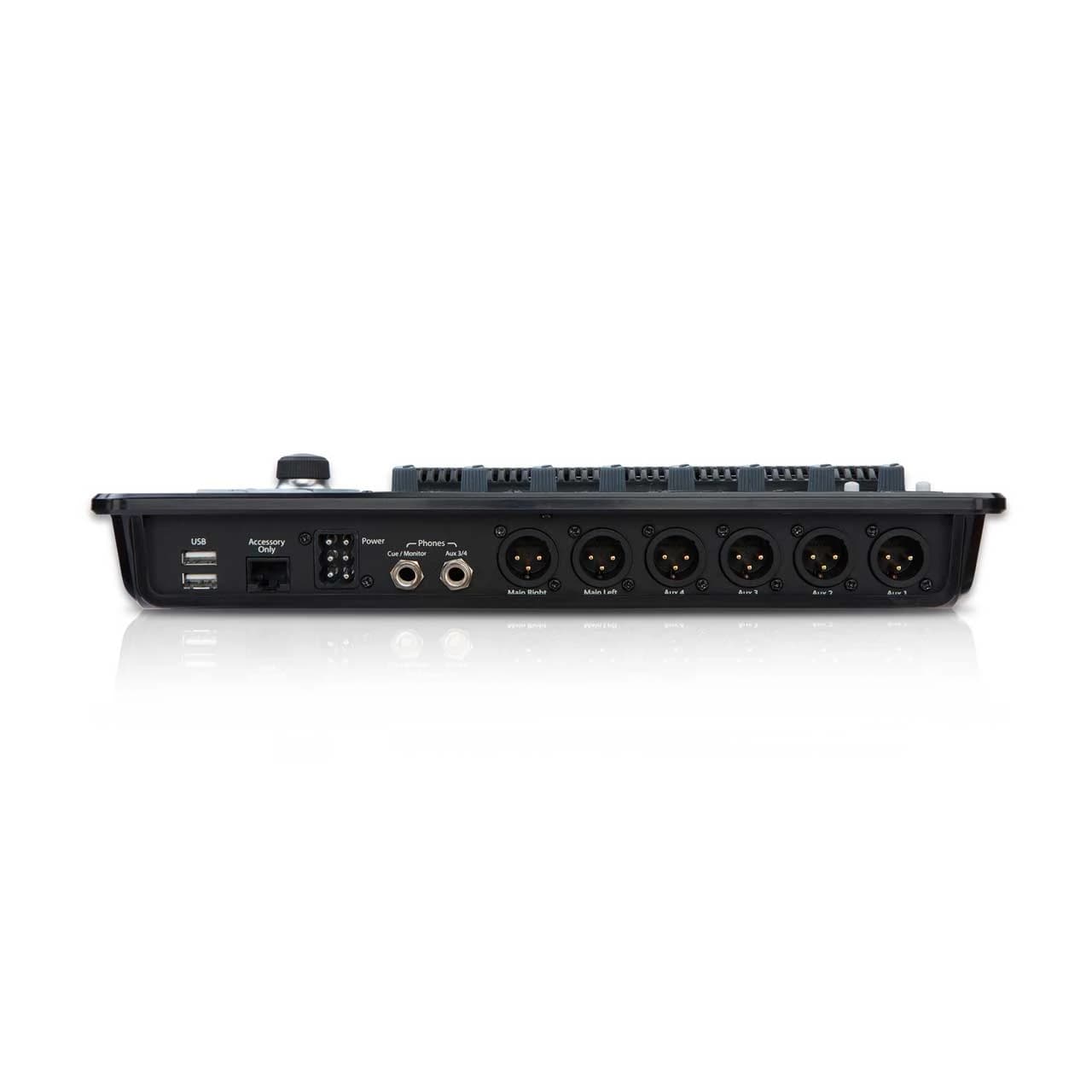 QSC TouchMix-8 rear panel showing XLR outputs and USB ports