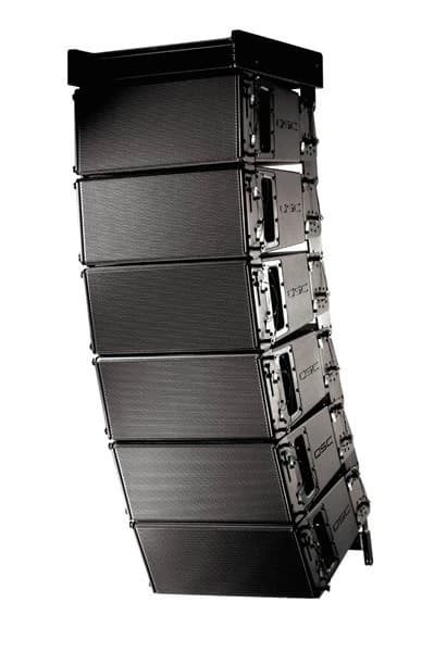 QSC WL3082 line-array modules flown in a curved array, angled view