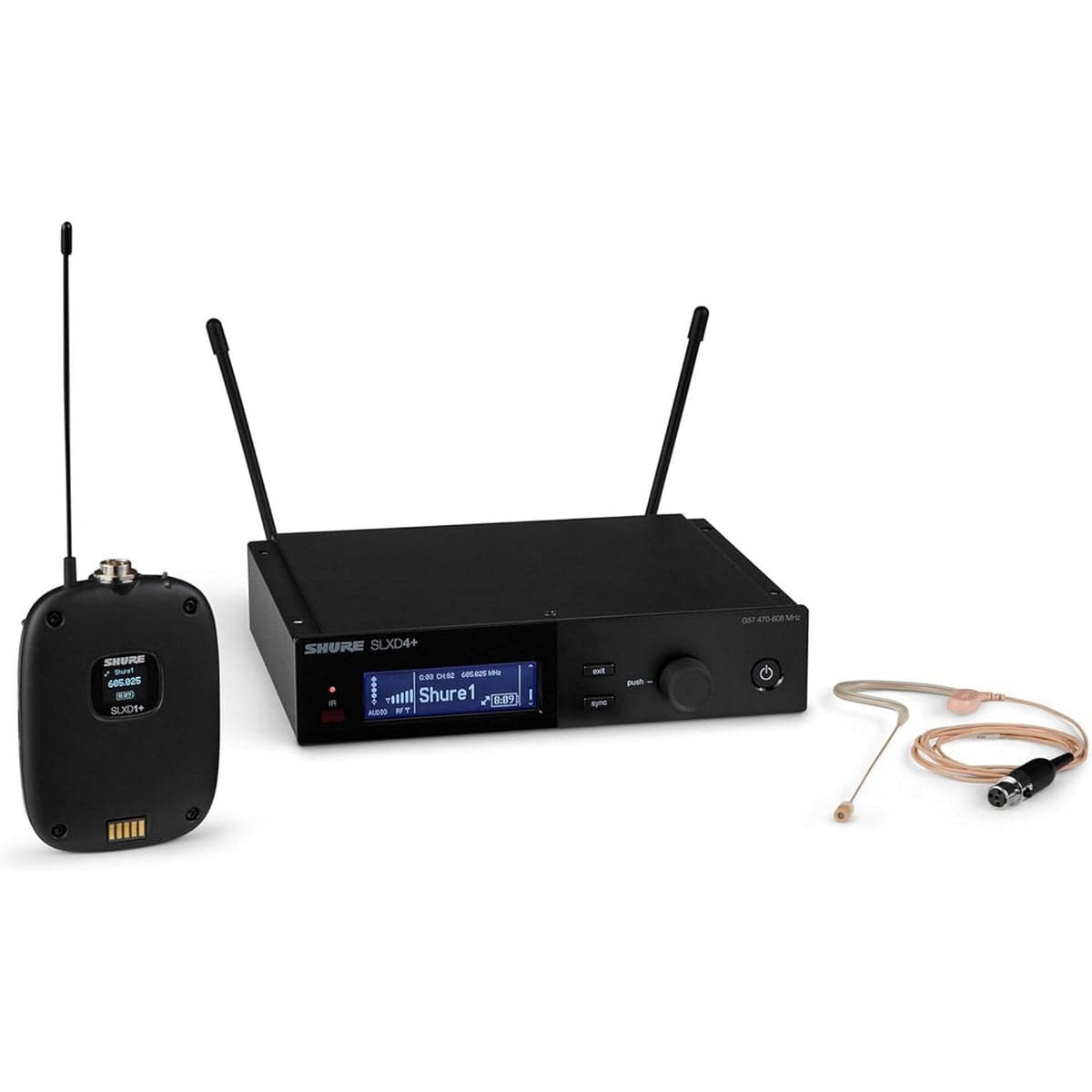 Shure SLXD14 wireless system with SLXD1 bodypack transmitter, SLXD4+ receiver and headset microphone