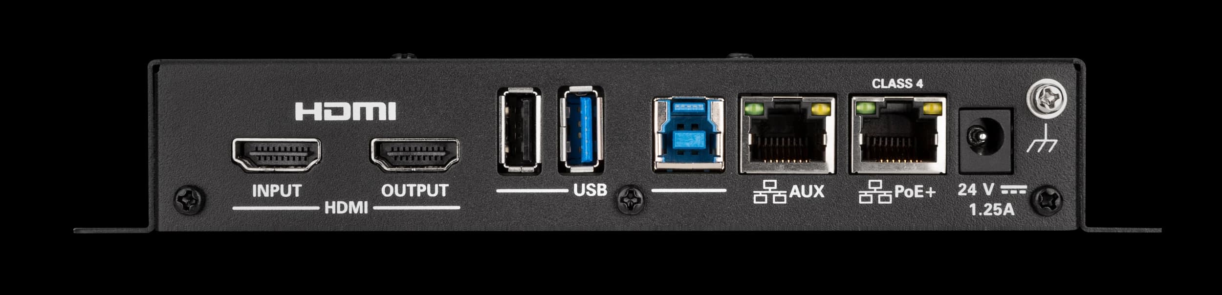 Crestron AirMedia Receiver AM-3200, rear panel view showing HDMI, USB and network ports