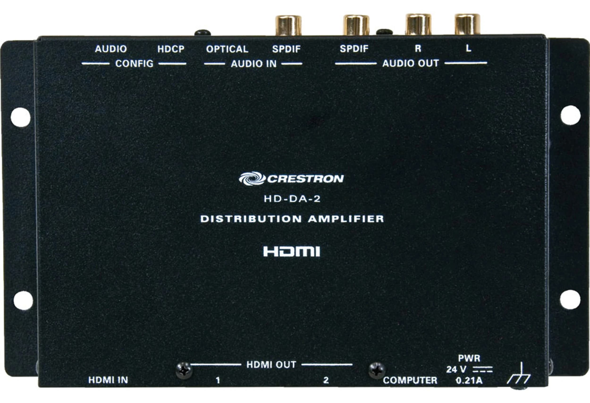 Crestron HD-DA-2 HDMI distribution amplifier, angled view