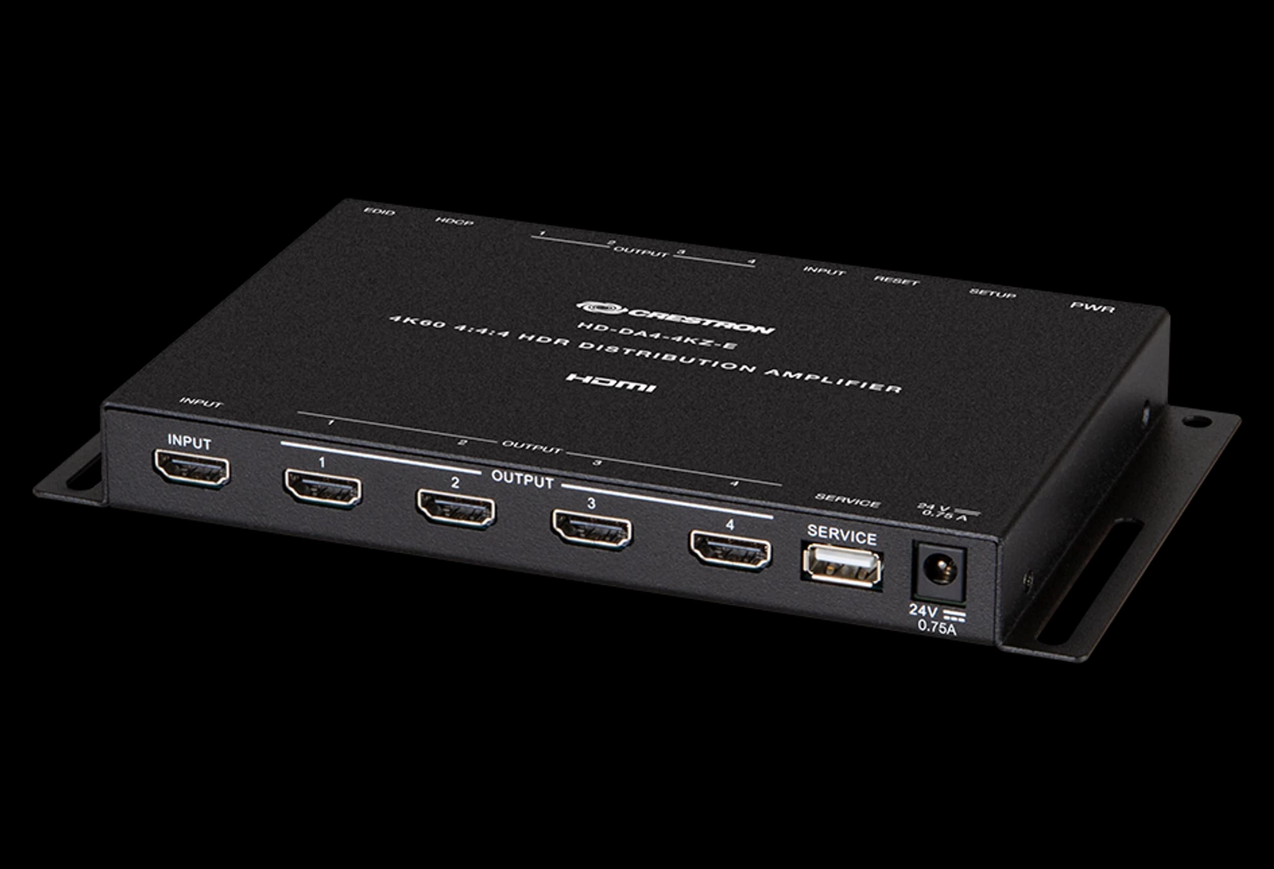 Crestron HD-DA4-4KZ-E 1:4 HDMI distribution amplifier, front-left view