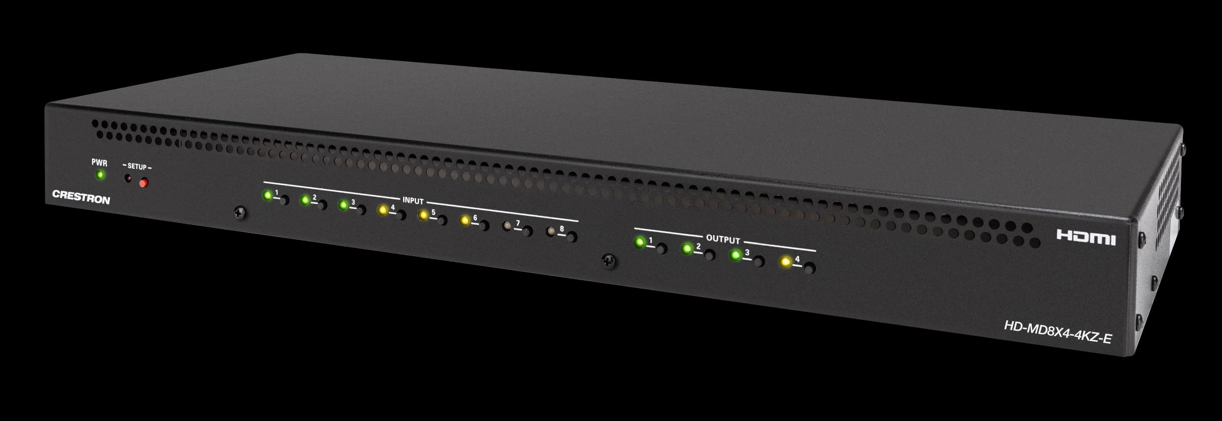 Crestron HD-MD8X4-4KZ-E 8x4 HDMI switcher, front-left angle