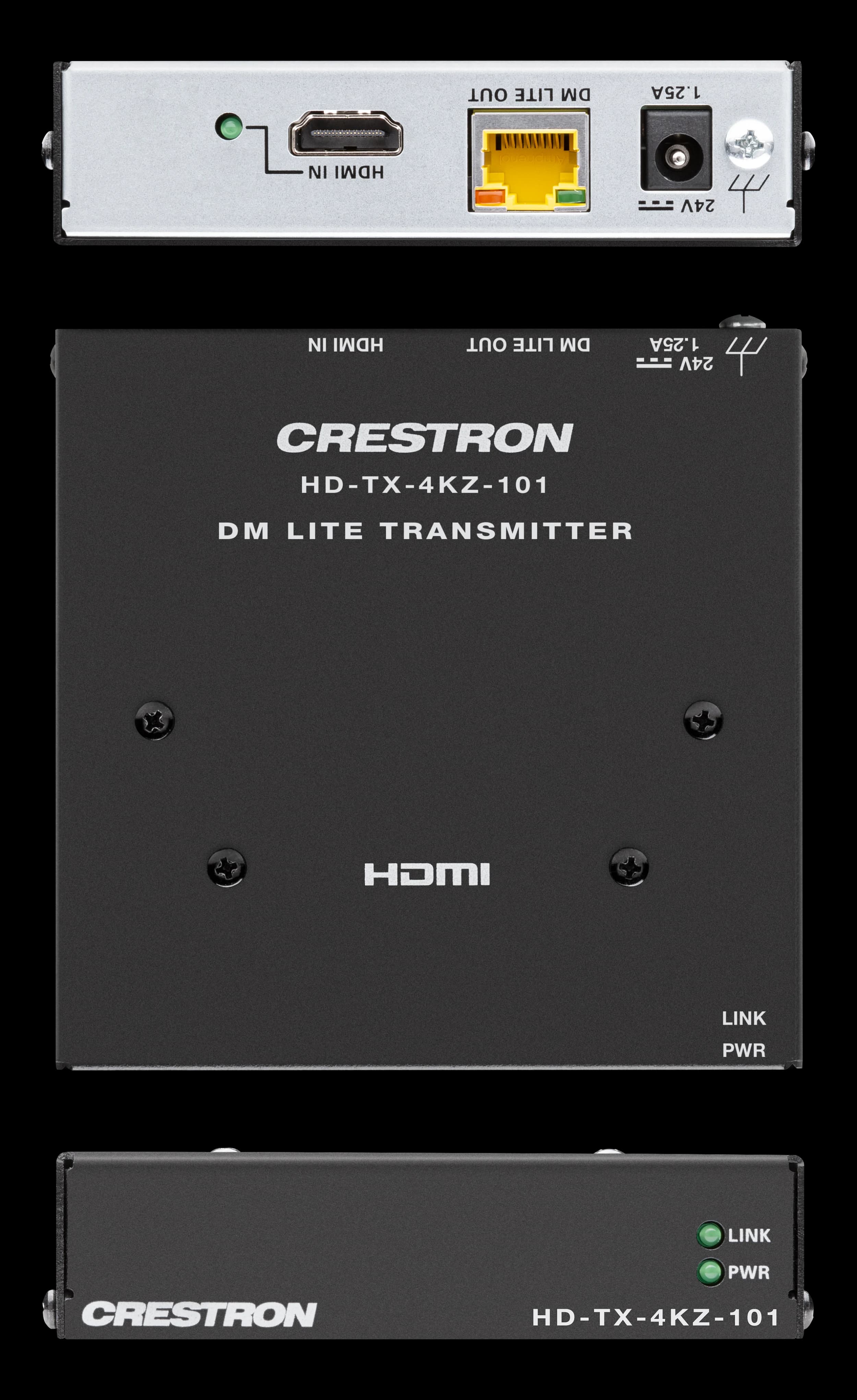 Crestron HD-TX-4KZ-101 DM Lite transmitter, front-left angle