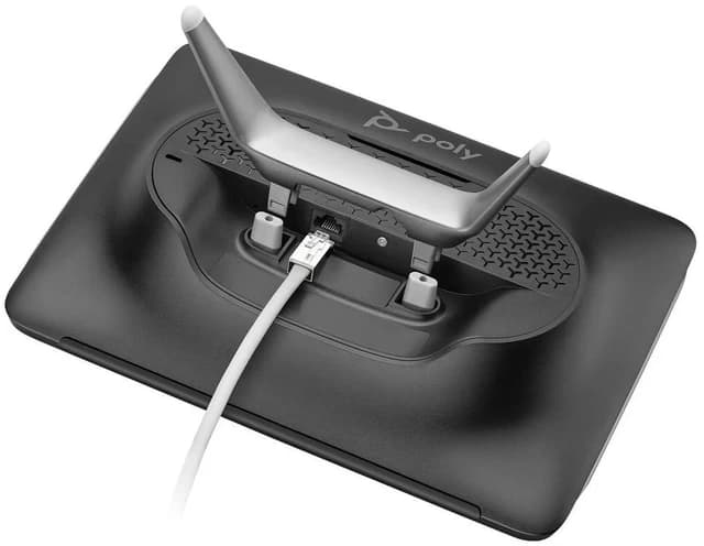 Poly TC10 Touch Controller Black, rear view showing stand and RJ-45 cable