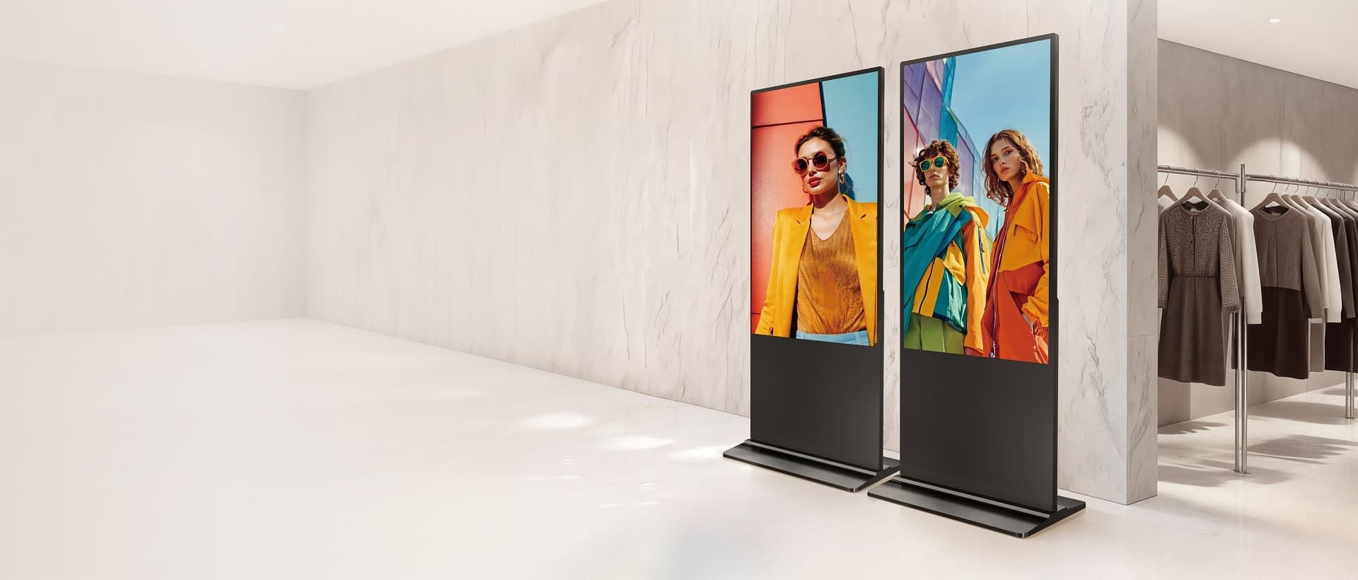 Ageru Digital Signage Standee 55-inch floor-standing units in a retail store