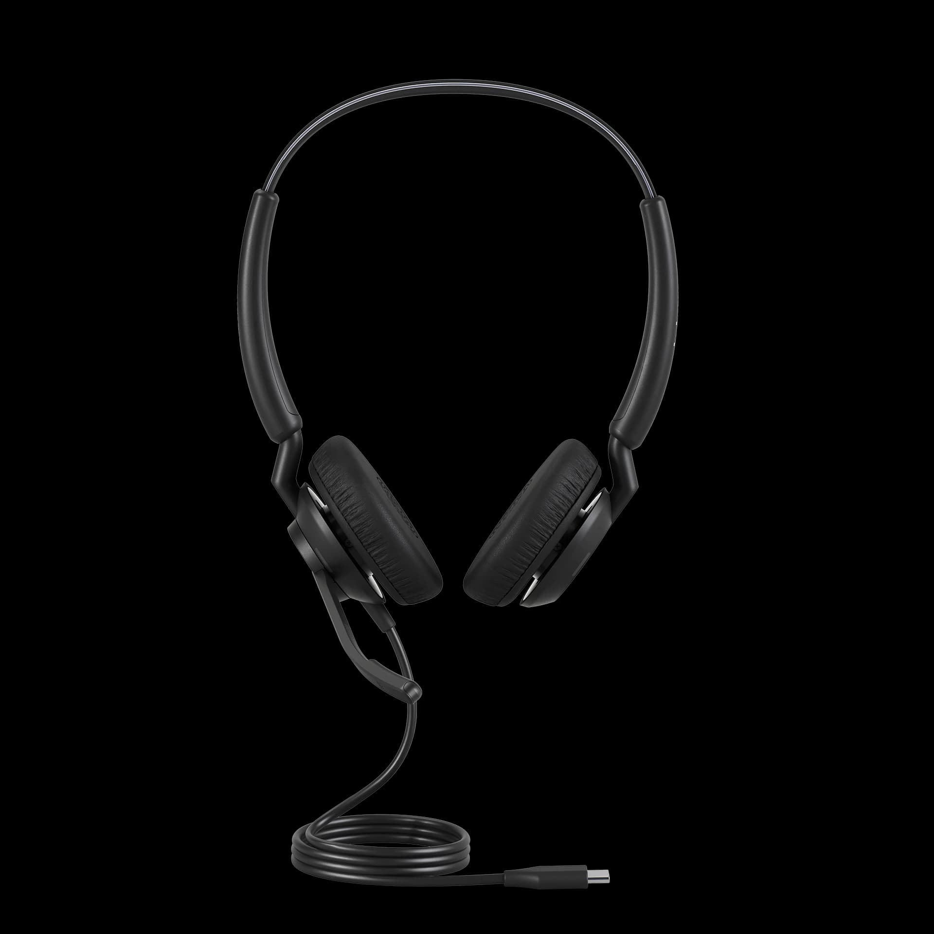 Jabra Engage 40 Stereo corded USB headset, front studio view with USB-C cable