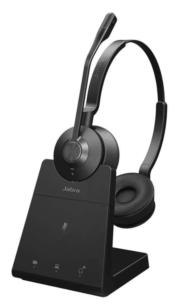 Jabra Engage 45 SE Stereo DECT wireless headset on its charging base, studio view